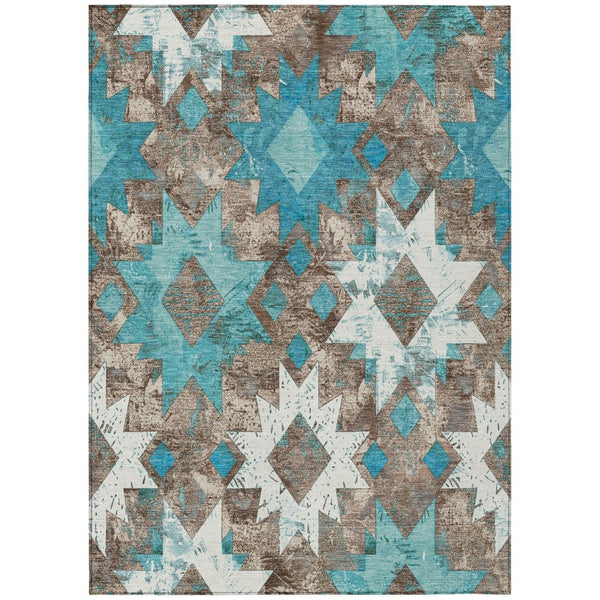 HomeRoots 5' Teal Blue Brown Ivory Aztec Washable Indoor Outdoor Area Rug - Durable, Stylish, Low-Maintenance Design 623768