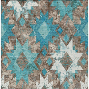 HomeRoots 5' Teal Blue Brown Ivory Aztec Washable Indoor Outdoor Area Rug - Durable, Stylish, Low-Maintenance Design 623768