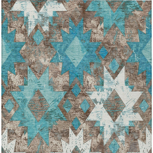 HomeRoots 5' Teal Blue Brown Ivory Aztec Washable Indoor Outdoor Area Rug - Durable, Stylish, Low-Maintenance Design 623768