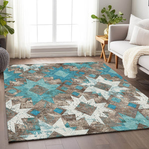 HomeRoots 5' Teal Blue Brown Ivory Aztec Washable Indoor Outdoor Area Rug - Durable, Stylish, Low-Maintenance Design 623768