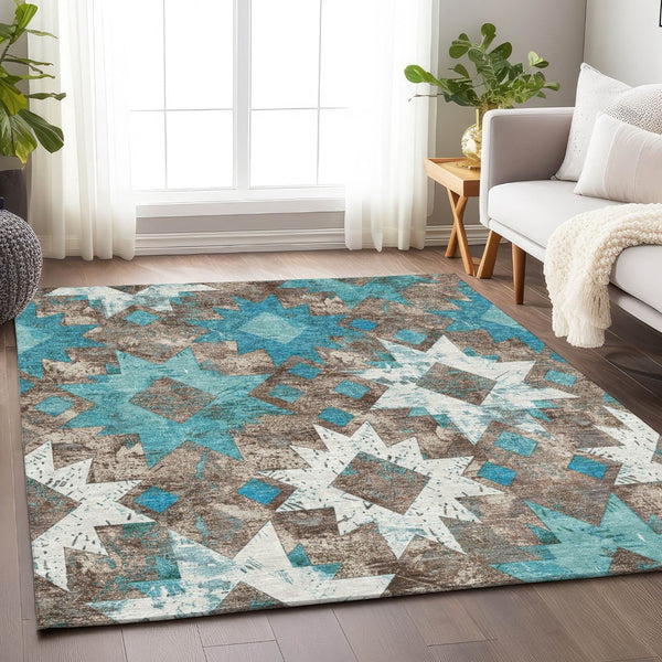 HomeRoots 5' Teal Blue Brown Ivory Aztec Washable Indoor Outdoor Area Rug - Durable, Stylish, Low-Maintenance Design 623768