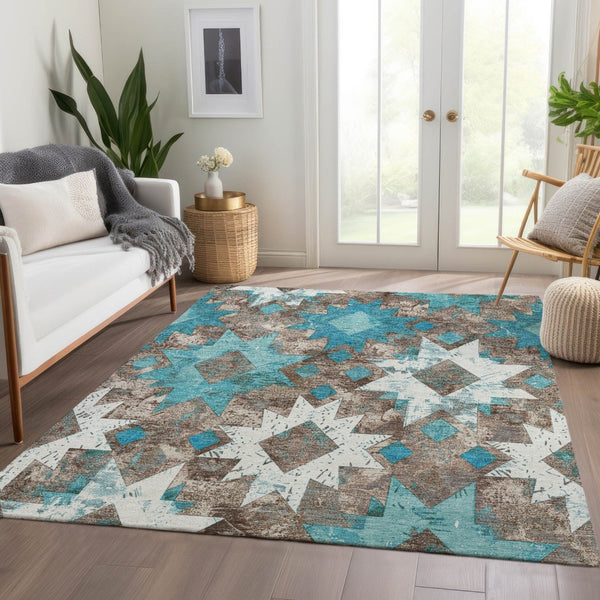HomeRoots 5' Teal Blue Brown Ivory Aztec Washable Indoor Outdoor Area Rug - Durable, Stylish, Low-Maintenance Design 623768