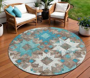HomeRoots 8' Teal Blue Brown Ivory Round Aztec Rug - Stylish, Washable, Durable for Indoor & Outdoor Spaces 623769