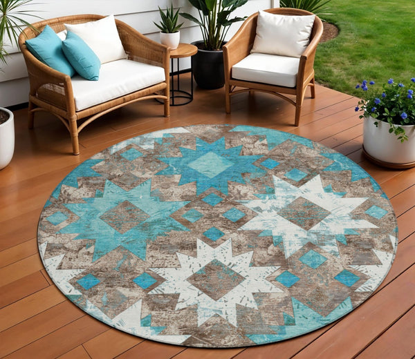 HomeRoots 8' Teal Blue Brown Ivory Round Aztec Rug - Stylish, Washable, Durable for Indoor & Outdoor Spaces 623769