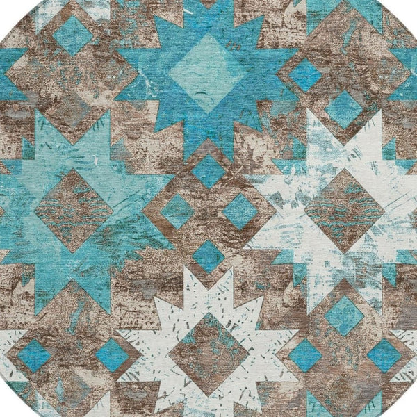 HomeRoots 8' Teal Blue Brown Ivory Round Aztec Rug - Stylish, Washable, Durable for Indoor & Outdoor Spaces 623769