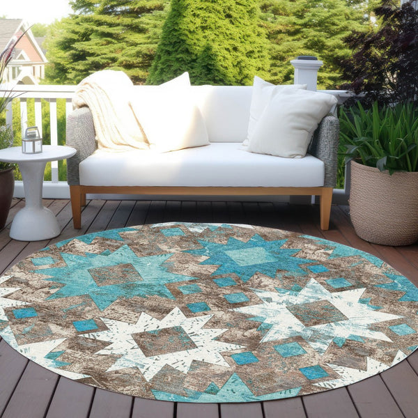HomeRoots 8' Teal Blue Brown Ivory Round Aztec Rug - Stylish, Washable, Durable for Indoor & Outdoor Spaces 623769