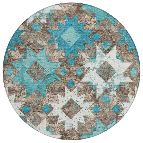 HomeRoots 8' Teal Blue Brown Ivory Round Aztec Rug - Stylish, Washable, Durable for Indoor & Outdoor Spaces 623769