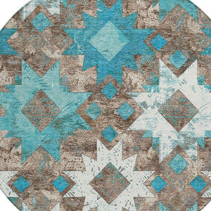 HomeRoots 8' Teal Blue Brown Ivory Round Aztec Rug - Stylish, Washable, Durable for Indoor & Outdoor Spaces 623769