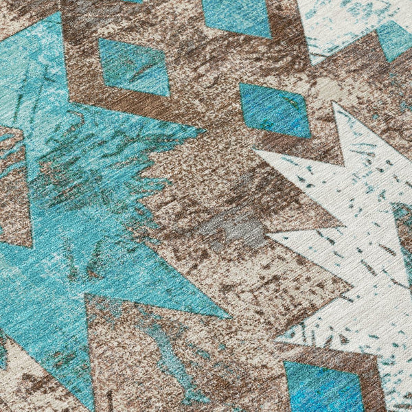HomeRoots 8' Teal Blue Brown Ivory Round Aztec Rug - Stylish, Washable, Durable for Indoor & Outdoor Spaces 623769