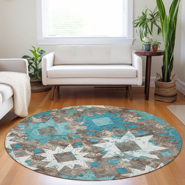 HomeRoots 8' Teal Blue Brown Ivory Round Aztec Rug - Stylish, Washable, Durable for Indoor & Outdoor Spaces 623769