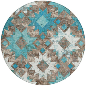 HomeRoots 8' Teal Blue Brown Ivory Round Aztec Rug - Stylish, Washable, Durable for Indoor & Outdoor Spaces 623769