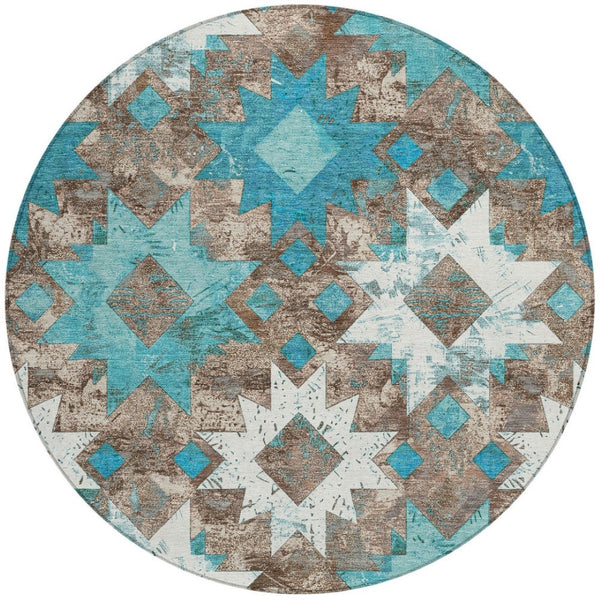 HomeRoots 8' Teal Blue Brown Ivory Round Aztec Rug - Stylish, Washable, Durable for Indoor & Outdoor Spaces 623769