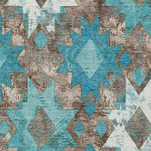 HomeRoots 8' X 10' Aztec-Inspired Teal Blue, Brown, and Ivory Area Rug - Washable for Indoor & Outdoor Use! 623770