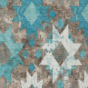 HomeRoots 9' X 12' Teal Blue Aztec Area Rug - Durable, Washable Design for Indoor & Outdoor Spaces, Easy Care 623771