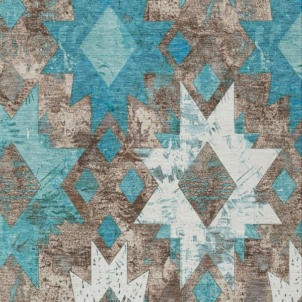 HomeRoots 9' X 12' Teal Blue Aztec Area Rug - Durable, Washable Design for Indoor & Outdoor Spaces, Easy Care 623771
