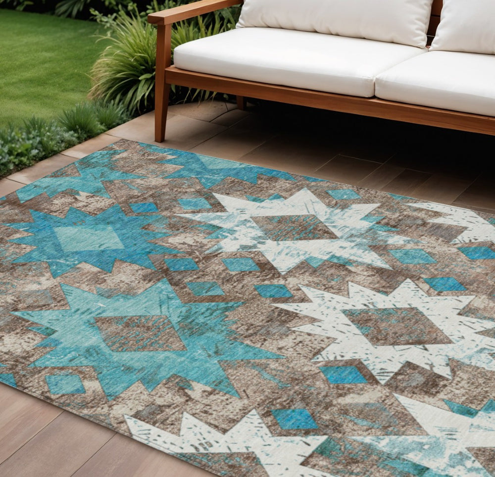 HomeRoots 10' Aztec Indoor/Outdoor Area Rug - Teal Blue, Brown & Ivory - Durable, Washable, Versatile Design! 623772