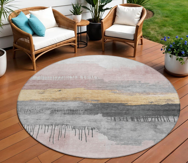 HomeRoots 8' Blush and Gold Round Abstract Rug - Washable, Stylish Indoor/Outdoor Area Decor for Any Space 623775