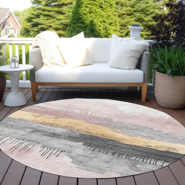 HomeRoots 8' Blush and Gold Round Abstract Rug - Washable, Stylish Indoor/Outdoor Area Decor for Any Space 623775