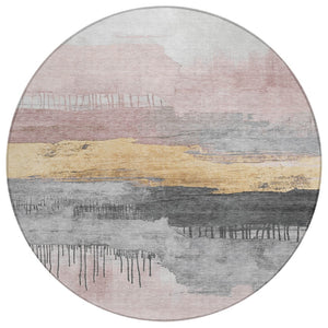HomeRoots 8' Blush and Gold Round Abstract Rug - Washable, Stylish Indoor/Outdoor Area Decor for Any Space 623775
