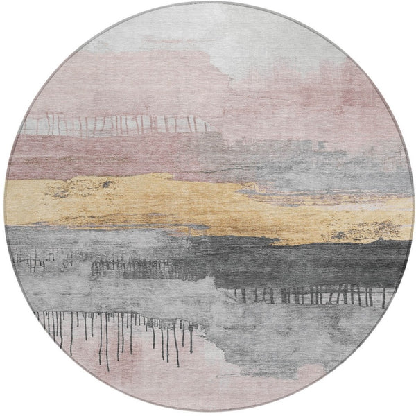 HomeRoots 8' Blush and Gold Round Abstract Rug - Washable, Stylish Indoor/Outdoor Area Decor for Any Space 623775