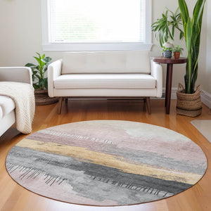 HomeRoots 8' Blush and Gold Round Abstract Rug - Washable, Stylish Indoor/Outdoor Area Decor for Any Space 623775