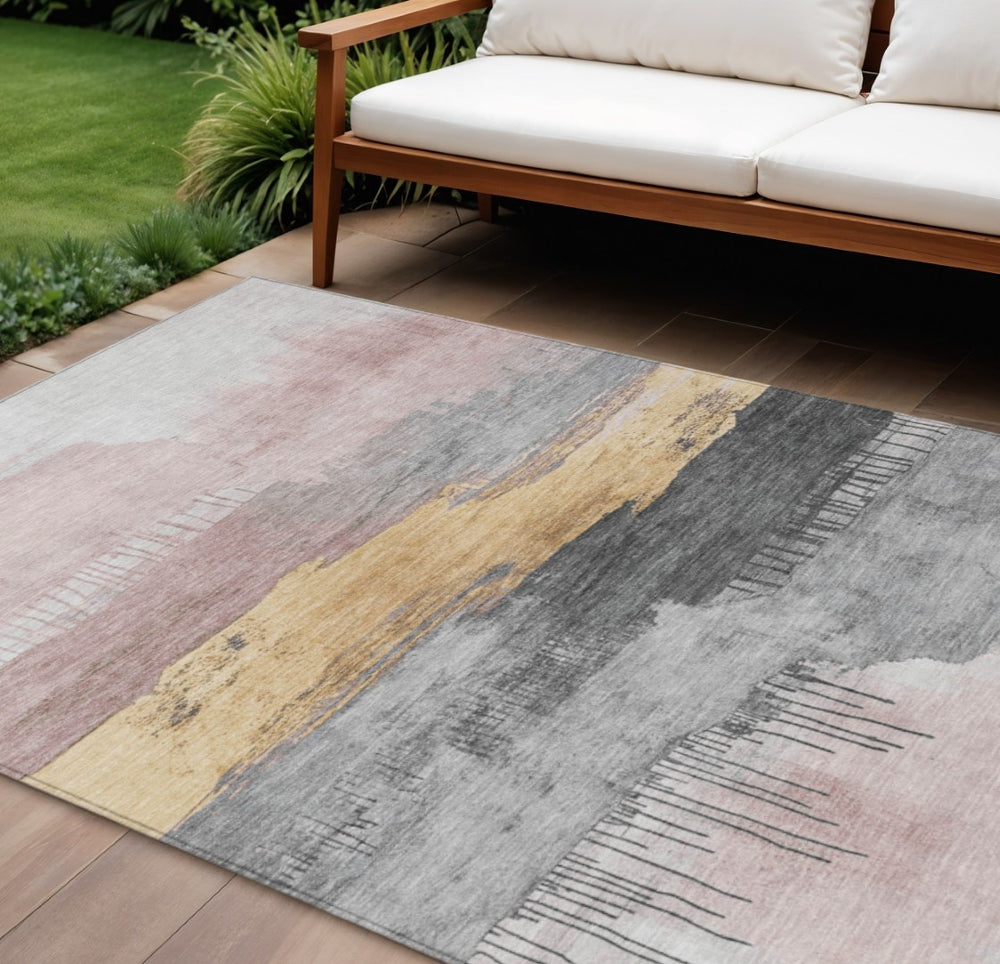 HomeRoots 8' X 10' Blush and Gold Abstract Area Rug – Stylish, Washable, Durable for Indoor & Outdoor Spaces 623776