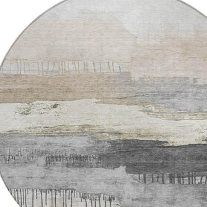 HomeRoots 8' Ivory and Beige Round Abstract Area Rug - Modern, Washable, Stain-Resistant for Indoor & Outdoor Use 623781