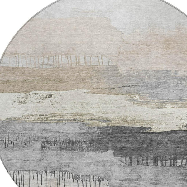 HomeRoots 8' Ivory and Beige Round Abstract Area Rug - Modern, Washable, Stain-Resistant for Indoor & Outdoor Use 623781