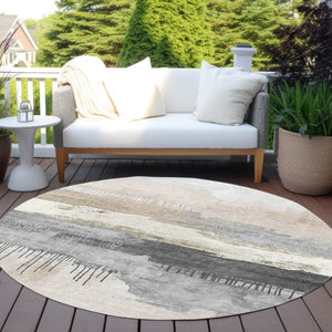 HomeRoots 8' Ivory and Beige Round Abstract Area Rug - Modern, Washable, Stain-Resistant for Indoor & Outdoor Use 623781