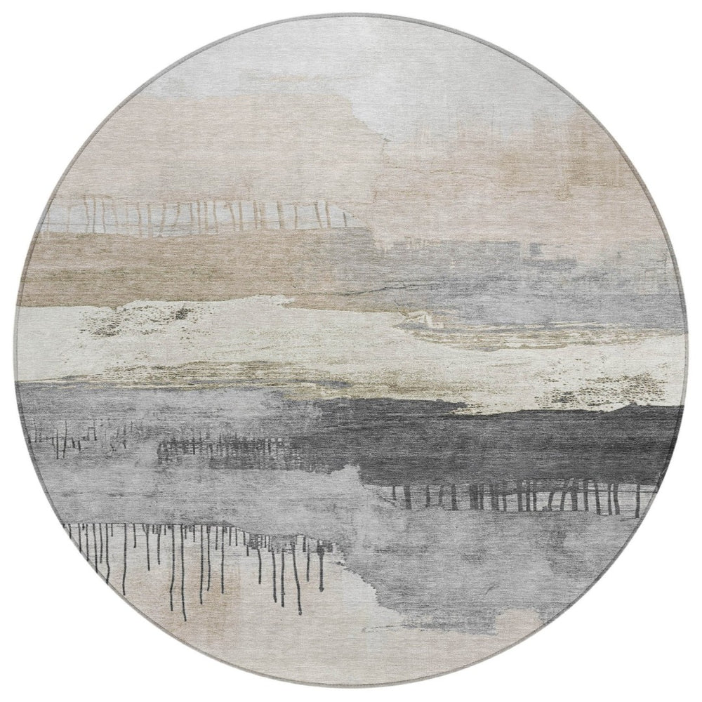 HomeRoots 8' Ivory and Beige Round Abstract Area Rug - Modern, Washable, Stain-Resistant for Indoor & Outdoor Use 623781