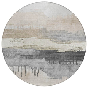 HomeRoots 8' Ivory and Beige Round Abstract Area Rug - Modern, Washable, Stain-Resistant for Indoor & Outdoor Use 623781