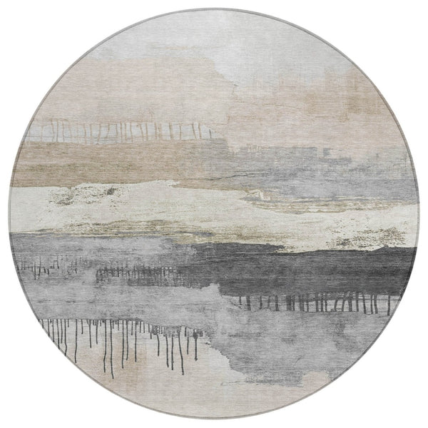 HomeRoots 8' Ivory and Beige Round Abstract Area Rug - Modern, Washable, Stain-Resistant for Indoor & Outdoor Use 623781
