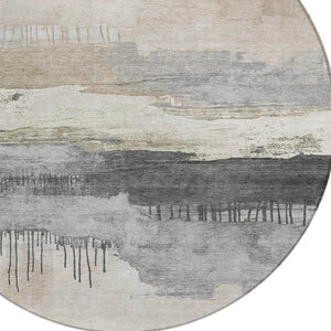 HomeRoots 8' Ivory and Beige Round Abstract Area Rug - Modern, Washable, Stain-Resistant for Indoor & Outdoor Use 623781