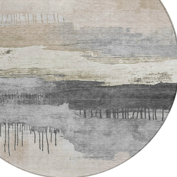 HomeRoots 8' Ivory and Beige Round Abstract Area Rug - Modern, Washable, Stain-Resistant for Indoor & Outdoor Use 623781