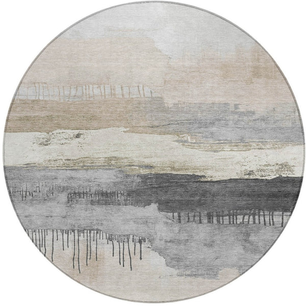 HomeRoots 8' Ivory and Beige Round Abstract Area Rug - Modern, Washable, Stain-Resistant for Indoor & Outdoor Use 623781
