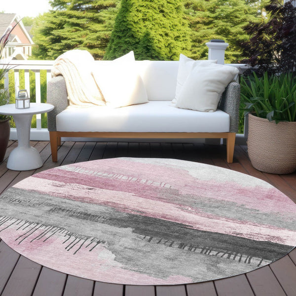 HomeRoots 8' Pink and Charcoal Abstract Washable Round Area Rug - Stylish, Durable, and Easy to Clean for Indoors & Outdoors 623799