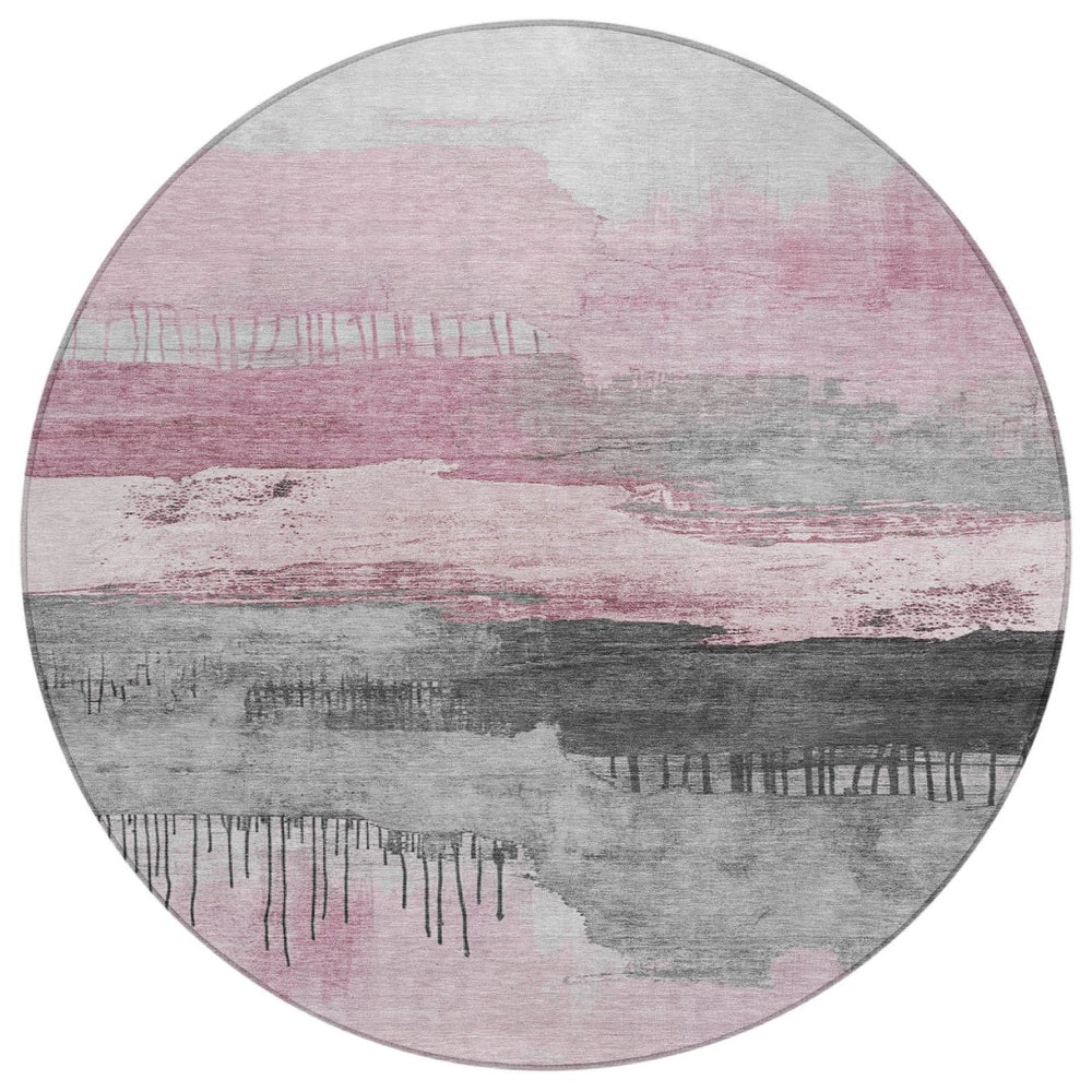HomeRoots 8' Pink and Charcoal Abstract Washable Round Area Rug - Stylish, Durable, and Easy to Clean for Indoors & Outdoors 623799