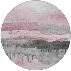 HomeRoots 8' Pink and Charcoal Abstract Washable Round Area Rug - Stylish, Durable, and Easy to Clean for Indoors & Outdoors 623799