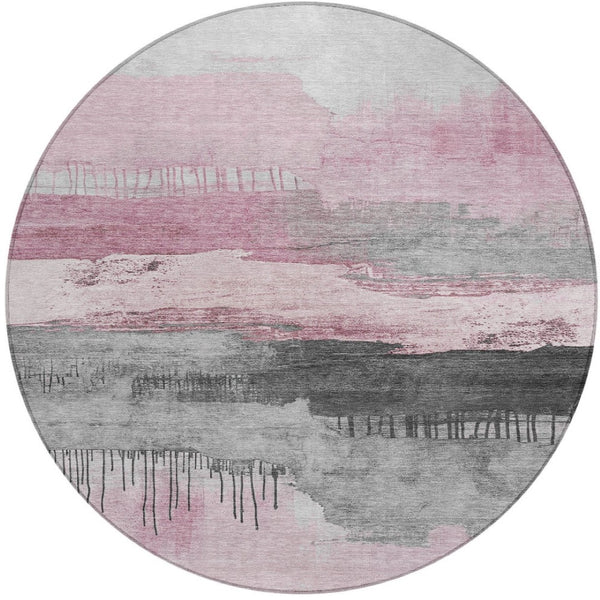 HomeRoots 8' Pink and Charcoal Abstract Washable Round Area Rug - Stylish, Durable, and Easy to Clean for Indoors & Outdoors 623799