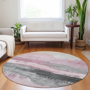 HomeRoots 8' Pink and Charcoal Abstract Washable Round Area Rug - Stylish, Durable, and Easy to Clean for Indoors & Outdoors 623799