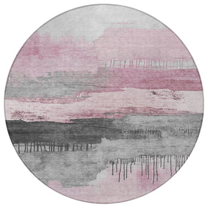 HomeRoots 8' Pink and Charcoal Abstract Washable Round Area Rug - Stylish, Durable, and Easy to Clean for Indoors & Outdoors 623799
