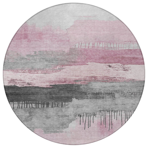 HomeRoots 8' Pink and Charcoal Abstract Washable Round Area Rug - Stylish, Durable, and Easy to Clean for Indoors & Outdoors 623799