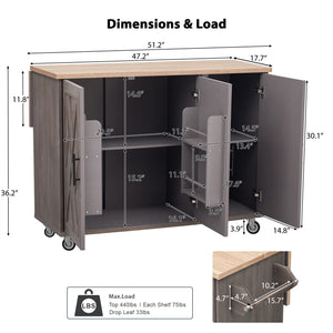 English Elm K&K Farmhouse Kitchen Island with Geometric Twill Doors, ASH Bark Top, Drop Leaf & Lockable Wheels Brown N707P221444Z