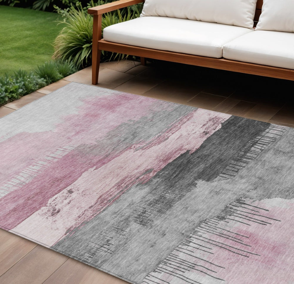 HomeRoots 8' X 10' Washable Pink & Charcoal Abstract Area Rug – Durable, Stylish, and Perfect for Indoor/Outdoor Use! 623800