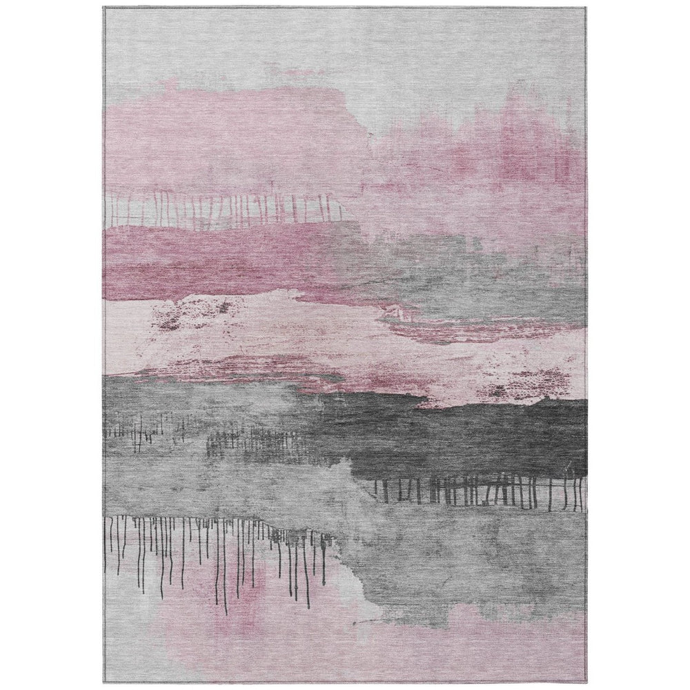 HomeRoots 9' X 12' Pink and Charcoal Abstract Washable Area Rug - Modern Indoor/Outdoor Design, Easy Care! 623801