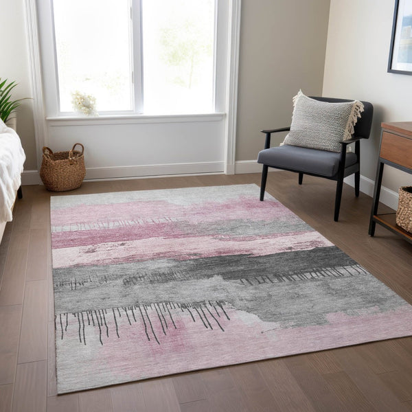 HomeRoots 9' X 12' Pink and Charcoal Abstract Washable Area Rug - Modern Indoor/Outdoor Design, Easy Care! 623801