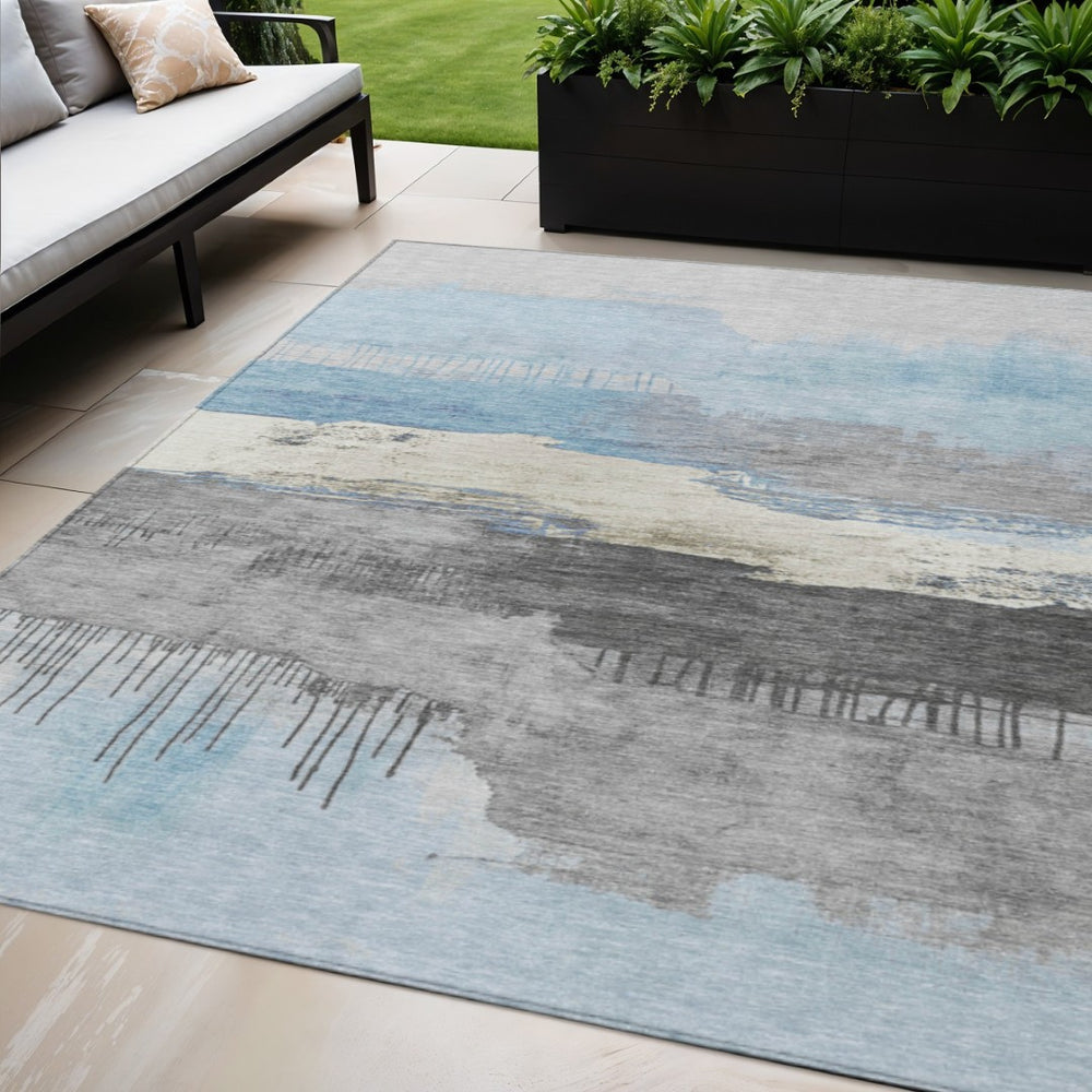 HomeRoots 5' X 8' Sky Blue & Charcoal Abstract Rug - Washable, Indoor/Outdoor, Stain-Resistant, Stylish Design 623804
