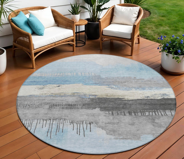 HomeRoots 8' Sky Blue Charcoal Round Abstract Washable Area Rug - Durable, Stylish for Indoor & Outdoor Use! 623805