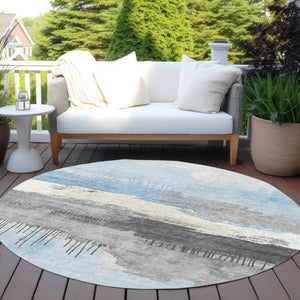 HomeRoots 8' Sky Blue Charcoal Round Abstract Washable Area Rug - Durable, Stylish for Indoor & Outdoor Use! 623805