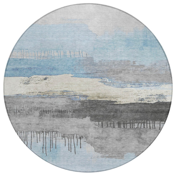 HomeRoots 8' Sky Blue Charcoal Round Abstract Washable Area Rug - Durable, Stylish for Indoor & Outdoor Use! 623805